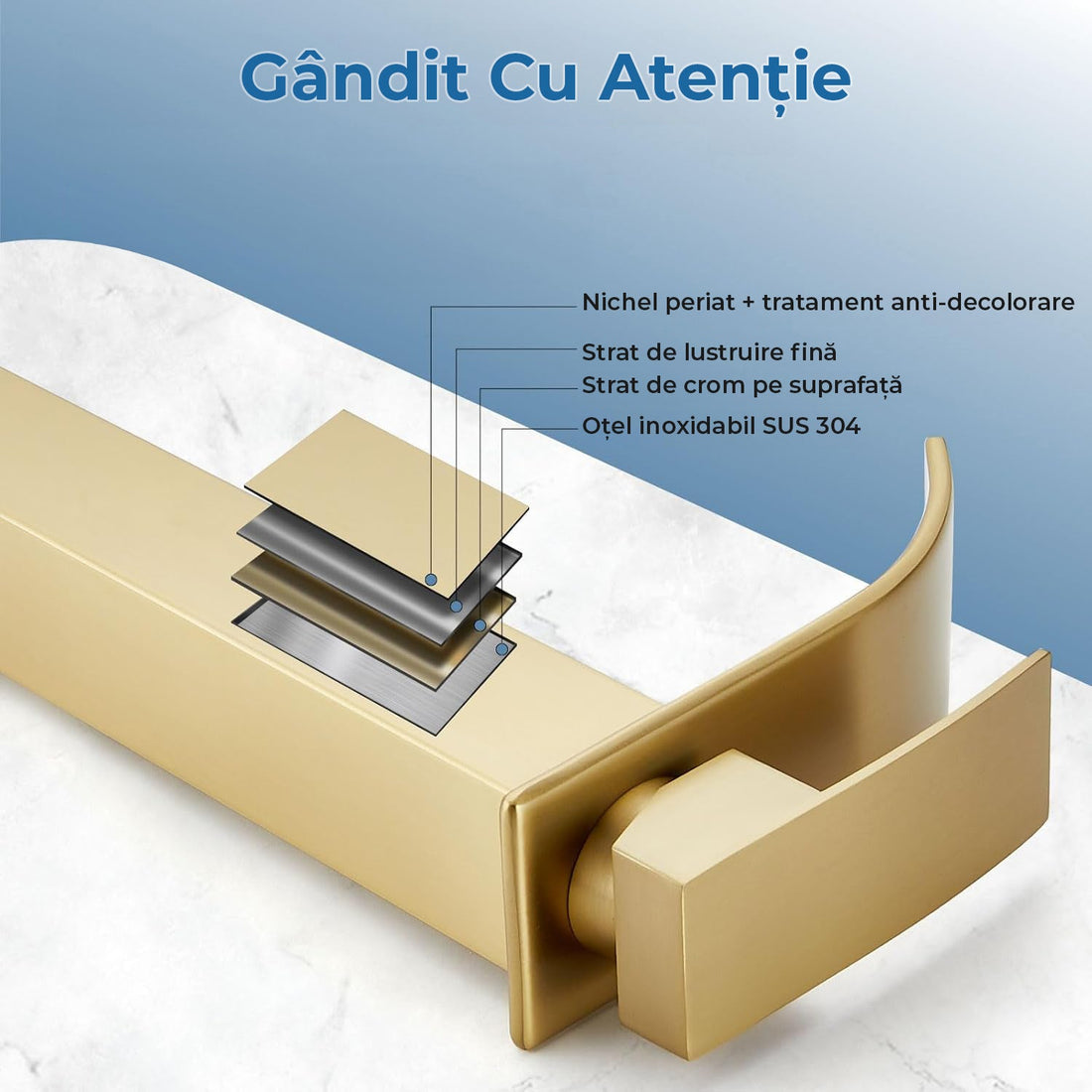 Baterie Chiuveta Moderna Tip Cascada pentru Baie, Bucatarie, Monocomanda, Placa de Montare, Oțel Inoxidabil, Model Inalt, Auriu Periat