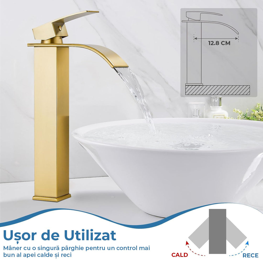 Baterie Chiuveta Moderna Tip Cascada pentru Baie, Bucatarie, Monocomanda, Placa de Montare, Oțel Inoxidabil, Model Inalt, Auriu Periat