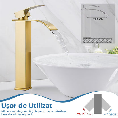 Baterie Chiuveta Moderna Tip Cascada pentru Baie, Bucatarie, Monocomanda, Placa de Montare, Oțel Inoxidabil, Model Inalt, Auriu Periat