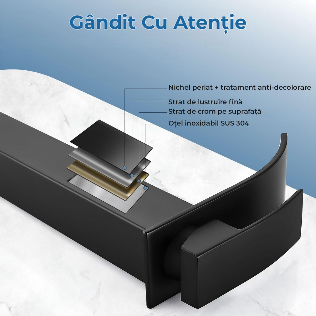 Baterie Chiuveta Tip Cascada pentru Baie, Bucatarie, Monocomanda, Placa de Montare, Inox, Model Inalt, Negru