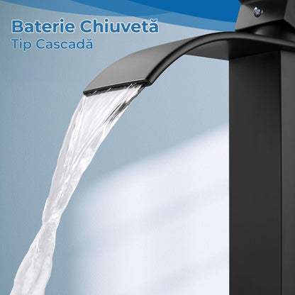 Baterie Chiuveta Tip Cascada pentru Baie, Bucatarie, Monocomanda, Placa de Montare, Inox, Model Inalt, Negru
