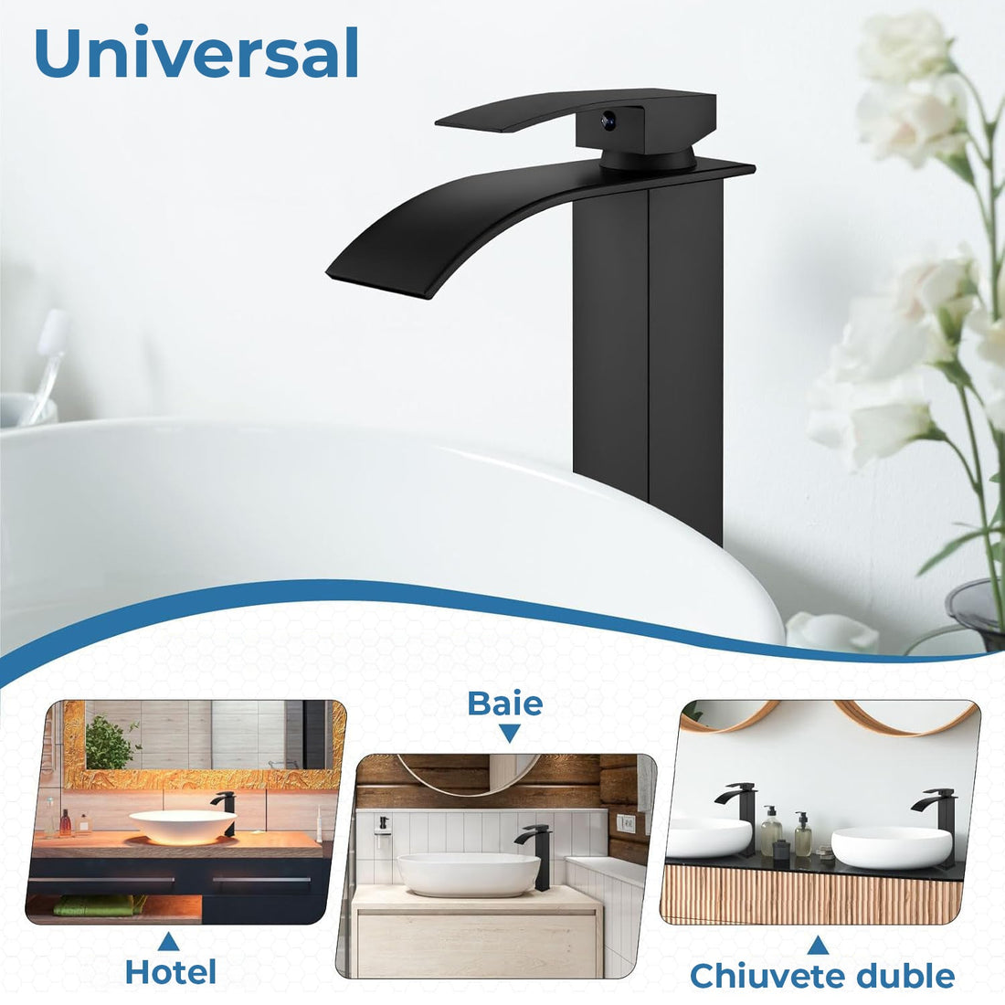 Baterie Chiuveta Tip Cascada pentru Baie, Bucatarie, Monocomanda, Placa de Montare, Inox, Model Inalt, Negru