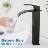 Baterie Chiuveta Tip Cascada pentru Baie, Bucatarie, Monocomanda, Placa de Montare, Inox, Model Inalt, Negru