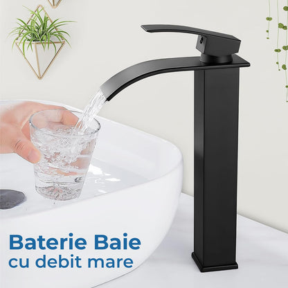 Baterie Chiuveta Tip Cascada pentru Baie, Bucatarie, Monocomanda, Placa de Montare, Inox, Model Inalt, Negru