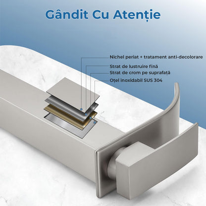 Baterie Chiuvetă Modernă Tip Cascadă pentru Baie/Bucătărie, Monocomandă, Oțel Inoxidabil, Nichel Periat