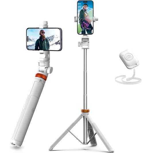 Trepied Foto Telescopic Profesional Elindor - Universal, cu Telecomandă Bluetooth și Funcție Selfie Stick, Alb/Portocaliu