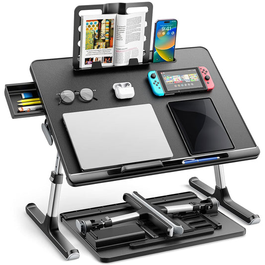 Masă Pliabilă pentru Laptop Elindor - Multifuncțională, Ajustabilă, cu Sertar și Suport pentru Carte, Negru