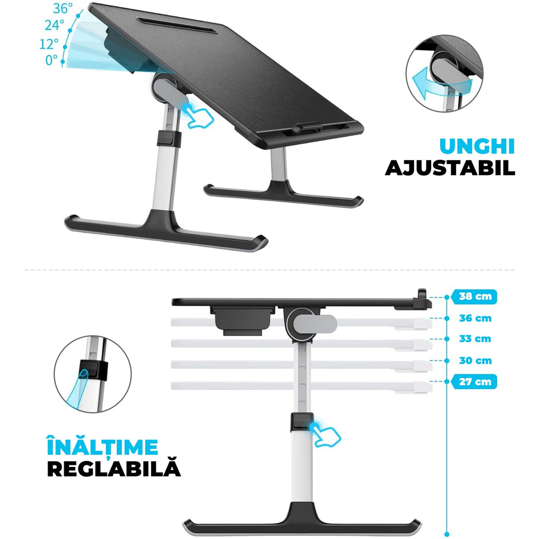 Masă Pliabilă pentru Laptop Elindor - Multifuncțională, Ajustabilă, cu Sertar și Suport pentru Carte, Negru