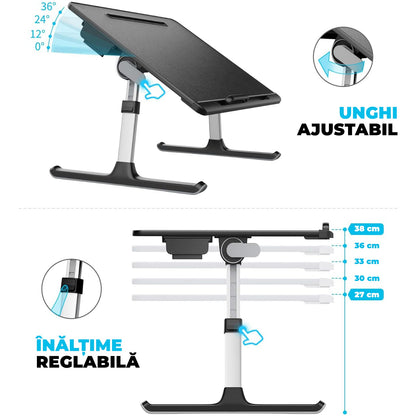 Masă Pliabilă pentru Laptop Elindor - Multifuncțională, Ajustabilă, cu Sertar și Suport pentru Carte, Negru