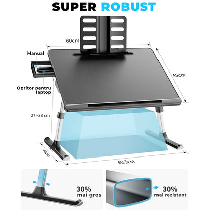 Masă Pliabilă pentru Laptop Elindor - Multifuncțională, Ajustabilă, cu Sertar și Suport pentru Carte, Negru