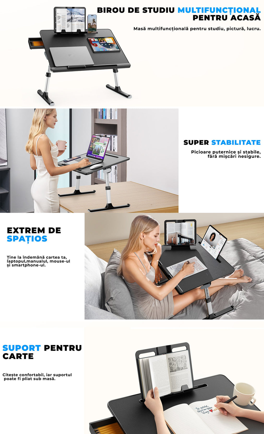 Masă Pliabilă pentru Laptop Elindor - Multifuncțională, Ajustabilă, cu Sertar și Suport pentru Carte, Negru