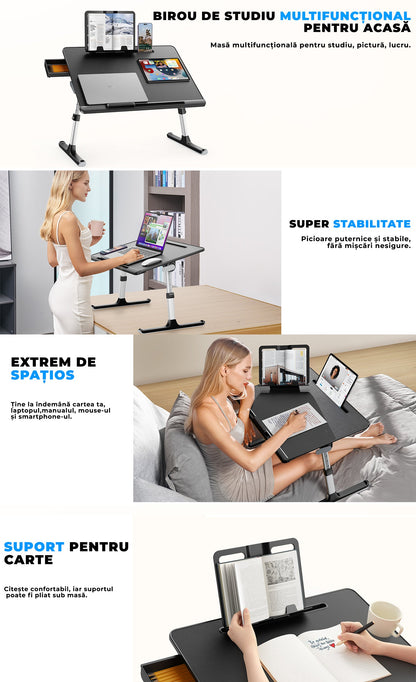 Masă Pliabilă pentru Laptop Elindor - Multifuncțională, Ajustabilă, cu Sertar și Suport pentru Carte, Negru