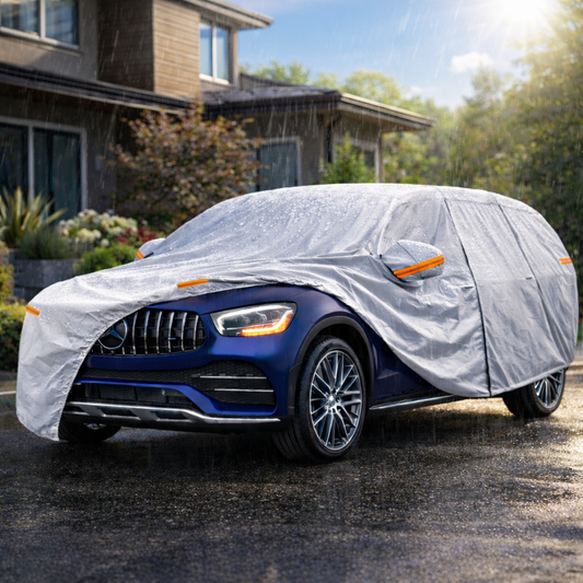 Prelata Auto Premium Elindor® Impermeabila, Protectie UV, Antisoare, Praf, Ploaie si Zapada, Toate Anotimpurile, Husa Exterior, Huse Protectie Completa, Universala, Accesorii Masina, Marime SUV XXXL, 520 × 200 × 185 cm, Gri