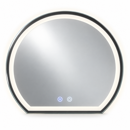 Oglinda de Perete Elindor® Antiaburire, Semiluna, Montare pe Orizontala, cu Rama, Ideala pentru Baie, Iluminare Led, Buton ON/OFF Luminat si Noaptea, Rezistenta la Umiditate IP44, 60 x 52 cm
