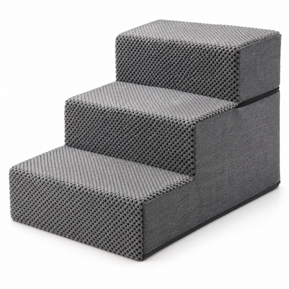 Scari Animale Elindor®, 3 Trepte pentru Caini si Pisici, Trepte Antiderapante pentru Pat sau Canapea, Structura din Spuma cu Rezilienta Ridicata si Material Textil, pentru Dormitor, Living, 45.7 x 38.1 x 34.3 cm, Gri