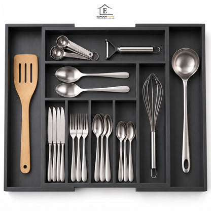 Organizator Elindor® pentru Tacamuri si Ustensile de Bucatarie, 9 Compartimente, Sertar Extensibil, Suport Ajustabil pentru Cutite, Linguri, Furculite, Accesorii Bucatarie, Separator Sertar, 33.7-50 x 45 x 5 cm, Negru