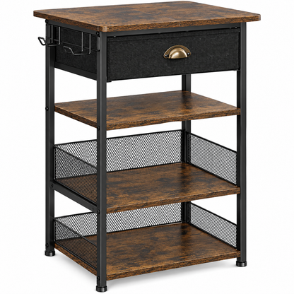 Masuta Laterala Elindor® cu 3 Rafturi pentru Depozitare si Sertar, Organizare Birou, Bar, Dulap Cadru Metalic, Organizator Ideal ca Etajera, Perfect pentru Carti, Proiector, Stabil si Compact, Polita pentru Obiecte, 48 x 71 cm, Maro Rustic-Negru