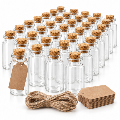 Set 32 Sticlute Elindor® cu Dop de Pluta, 40 ml, Reutilizabile, Ideale pentru DIY, pentru Artizanat / Decoratiuni, 8 x 3 cm, Transparent / Bej