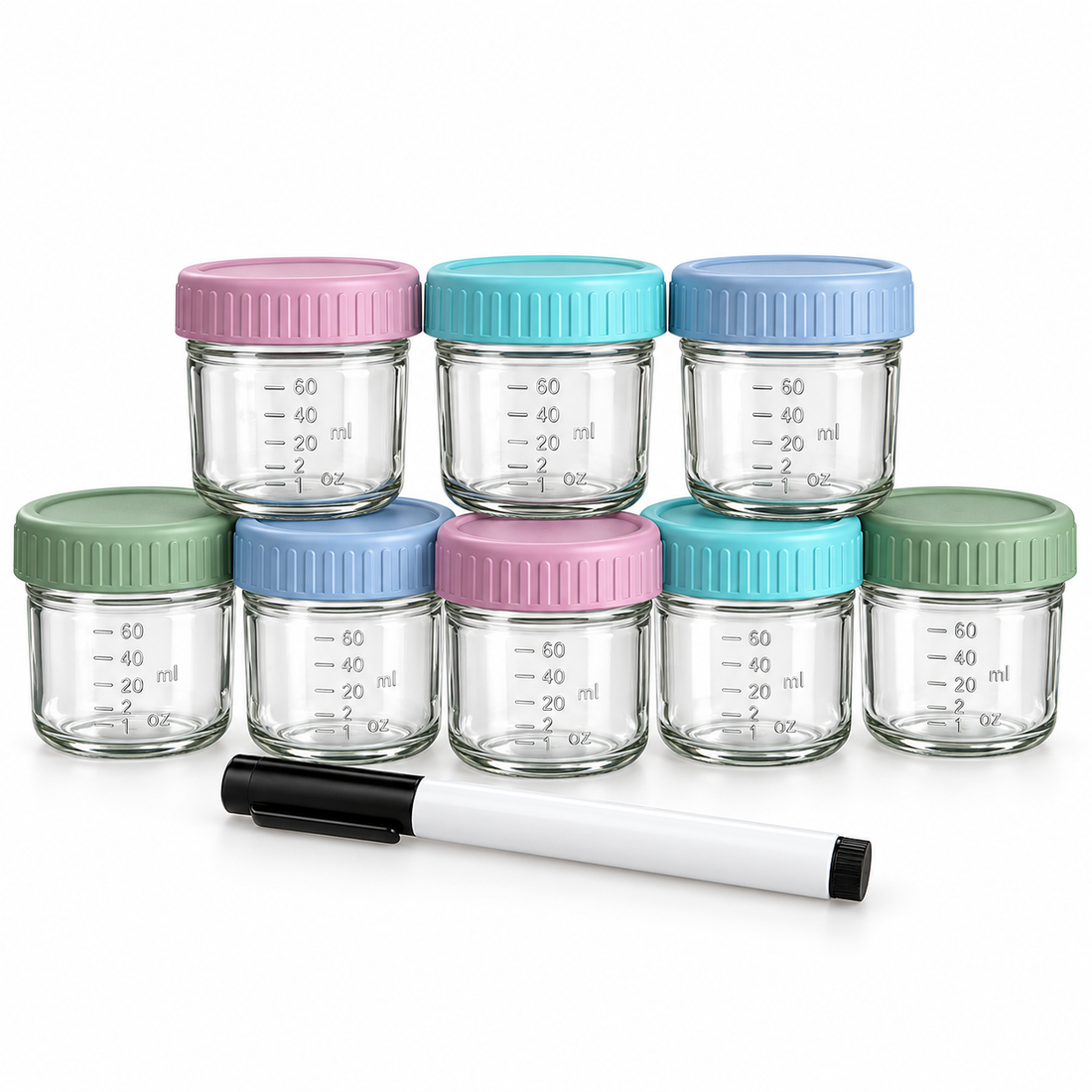 Set 8 Recipiente Elindor® pentru Mancare Bebelusi, Borcane din Sticla cu Capace, 120 ml, Etanse, Gradate, Stivuibile, pentru Piureuri, Fructe si Legume, Multicolor