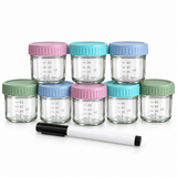 Set 8 Recipiente Elindor® pentru Mancare Bebelusi, Borcane din Sticla cu Capace, 120 ml, Etanse, Gradate, Stivuibile, pentru Piureuri, Fructe si Legume, Multicolor