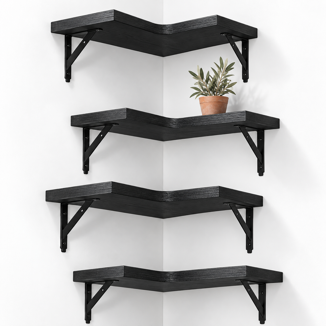 Set 4 Rafturi Elindor®, de Colt, Raft Suspendat, Mobila Bucatarie, Dormitor, Baie sau Birou, Etajera Practica cu Design Aerisit, Usor de Asamblat, Perfecta pentru Organizare Carti, Vesela, Condimente, Polita Produse Diverse, 40/29 x 14 x 1.5 cm, Negru