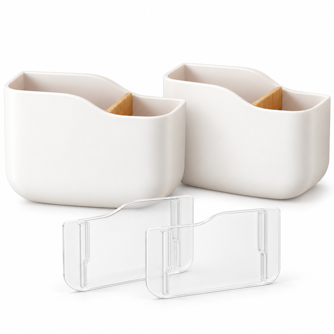 Set 2 Organizatoare de Perete Elindor®, Suport pentru Telecomenzi, Telefon, Ochelari si Accesorii, 2 Compartimente Fiecare, Separator din Bambus, Montaj Autoadeziv fara Gaurire, pentru Living, Dormitor si Birou, 14 x 5.5 x 9.5 cm, Alb
