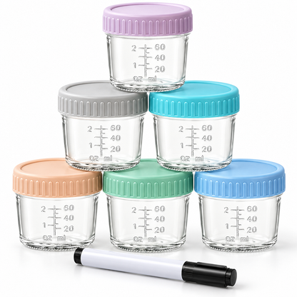Set 6 Recipiente Elindor® pentru Mancare Bebelusi, Borcane din Sticla cu Capace, 120 ml, Etanse, Gradate, Stivuibile, pentru Piureuri, Fructe si Legume, Multicolor