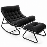 Set Fotoliu Balansoar cu Taburet Elindor®, Scaun Relaxare cu Suport pentru Picioare, Perne Groase Capitonate, Cadru Metalic din Otel, Leganare Lina, Benzi Antiderapante, pentru Living, Balcon si Terasa, Negru