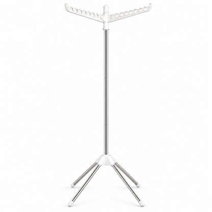 Uscator de Rufe Vertical Elindor®, Suport Pliabil pentru Haine, 27 Pozitii de Agatare, Brate Rotative 360°, Structura din Otel Inoxidabil si Plastic, 4 Picioare Stabile, Capacitate 15 kg, Inaltime 182.6 cm, Alb / Argintiu