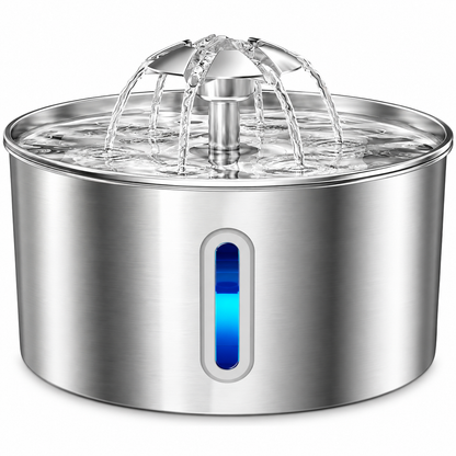 Fantana Apa Pisici si Caini Elindor®, Dispenser Automat cu Capac pentru Animale, Adapator Silentios 30dB, Sistem de Purificare si Filtrare Multipla, Flux Triplu, Adaptor Priza, Filtru si Pompa Incluse, Capacitate 2.2L, Inox Argintiu