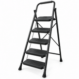 Scara Pliabila Metalica Elindor® cu 5 Trepte, Portabila, cu Pedale Late Antiderapante, Maner de Sprijin, Sistem de Blocare, Picioare Antialunecare, pentru Interior, Uz Casnic, Capacitate 150 kg, 145 x 95.5 cm, Negru
