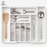 Organizator Elindor® pentru Tacamuri si Ustensile de Bucatarie, 9 Compartimente, Sertar Extensibil, Suport Ajustabil pentru Cutite, Linguri, Furculite, Accesorii Bucatarie, Separator Sertar, 33.7-50 x 45 x 5 cm, Alb