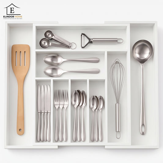 Organizator Elindor® pentru Tacamuri si Ustensile de Bucatarie, 9 Compartimente, Sertar Extensibil, Suport Ajustabil pentru Cutite, Linguri, Furculite, Accesorii Bucatarie, Separator Sertar, 33.7-50 x 45 x 5 cm, Alb
