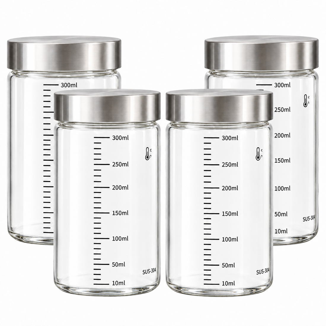 Set 4 Sticle Elindor® din Sticla Borosilicata, 300 ml, cu Capac din Otel Inoxidabil, Gradatii de Masurare, Inchidere Etansa, Reutilizabile, pentru Smoothie, Suc, Cafea, Lapte, Ceai, Transparent