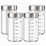 Set 4 Sticle Elindor® din Sticla Borosilicata, 300 ml, cu Capac din Otel Inoxidabil, Gradatii de Masurare, Inchidere Etansa, Reutilizabile, pentru Smoothie, Suc, Cafea, Lapte, Ceai, Transparent