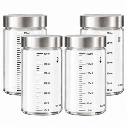 Set 4 Sticle Elindor® din Sticla Borosilicata, 300 ml, cu Capac din Otel Inoxidabil, Gradatii de Masurare, Inchidere Etansa, Reutilizabile, pentru Smoothie, Suc, Cafea, Lapte, Ceai, Transparent