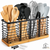 Organizator Ustensile Bucatarie Elindor®, Suport Metalic cu 4 Compartimente, Baza din Lemn, Montaj pe Perete sau Blat, pentru Tacamuri, Spatule, Linguri si Accesorii, 40 x 11 x 18 cm, Negru