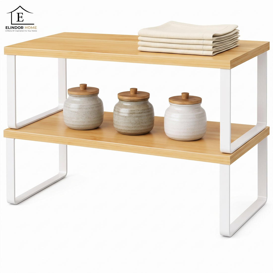 Set 2 Rafturi Elindor®, Raft de Depozitare, Mobila Bucatarie, Dormitor, Baie sau Birou, Etajera Practica cu Design Aerisit, Usor de Asamblat, Perfecta pentru Organizare Carti, Vesela, Condimente, Polita Produse Diverse, 40 x 18.5 x 13.5 cm, Alb / Bej