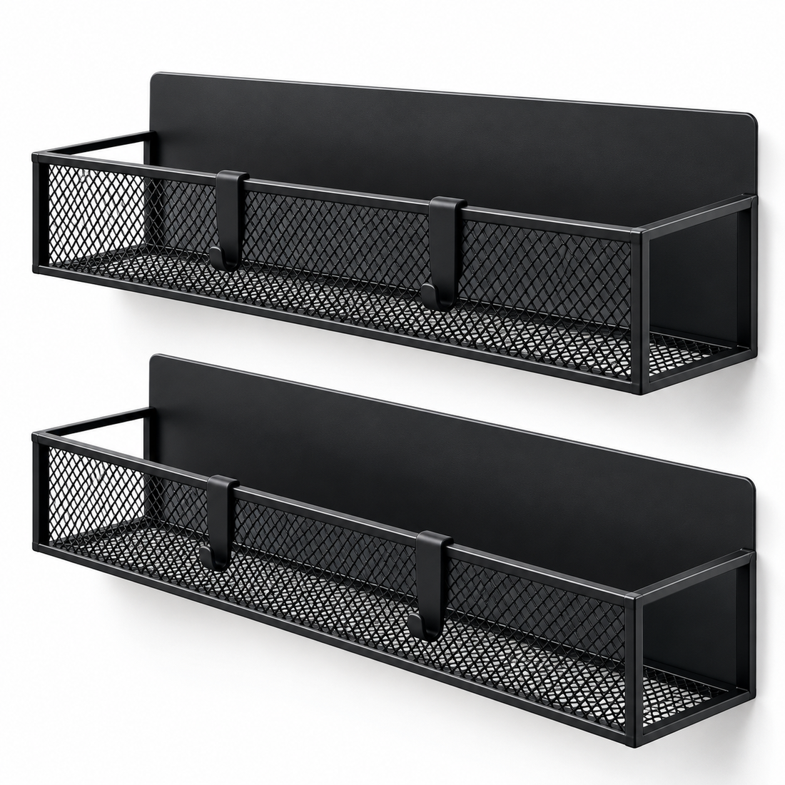 Set 2 Rafturi Magnetice Elindor®, Organizatoare pentru Frigider, Suporturi de Depozitare din Otel Carbon, Fixare Magnetica Fara Gaurire, Baza cu Plasa Metalica, 4 Carlige pentru Accesorii, Negru