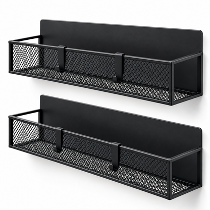 Set 2 Rafturi Magnetice Elindor®, Organizatoare pentru Frigider, Suporturi de Depozitare din Otel Carbon, Fixare Magnetica Fara Gaurire, Baza cu Plasa Metalica, 4 Carlige pentru Accesorii, Negru