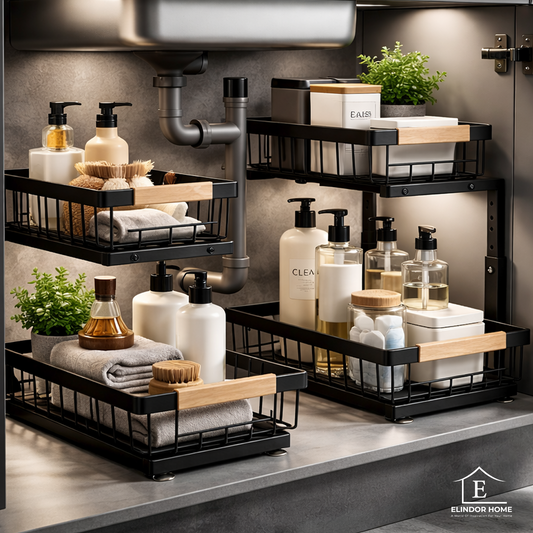 Set 2 Organizatoare Multifunctionale Elindor® pe 2 Nivele, 2x Sertar Glisant, Montat pe Blat sau in Dulap sub Chiuveta, Suport Metalic Organizare, Organizator pentru Bucatarie, Baie, Camara, Raft cu Sertare Depozitare Legume, Parfumuri, 41