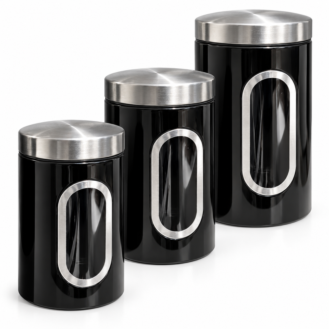 Set 3 Recipiente Bucatarie Elindor®, 3 Dimensiuni, pentru Depozitare Alimente, cu Capace, Fereastra Transparenta, Ideal pentru Cafea, Cereale, Zahar, Faina, Negru
