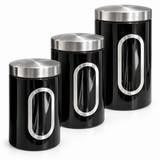 Set 3 Recipiente Bucatarie Elindor®, 3 Dimensiuni, pentru Depozitare Alimente, cu Capace, Fereastra Transparenta, Ideal pentru Cafea, Cereale, Zahar, Faina, Negru