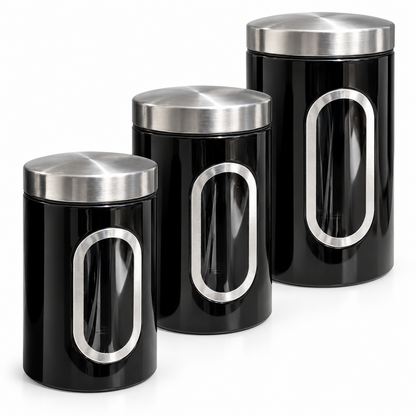 Set 3 Recipiente Bucatarie Elindor®, 3 Dimensiuni, pentru Depozitare Alimente, cu Capace, Fereastra Transparenta, Ideal pentru Cafea, Cereale, Zahar, Faina, Negru