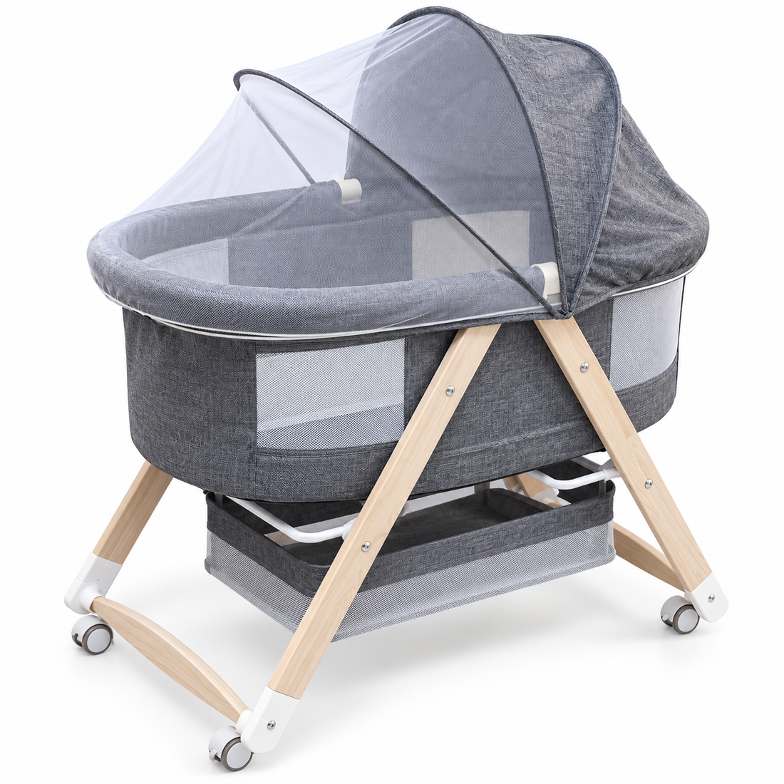 Patut Pliabil Bebelusi Elindor®, Copii 0-12 luni, Leagan Bebe, Inaltime Fixa 78 cm, Unghiul de Leganare de 10°, Portabil, Fereastra din Plasa, Roti cu Sistem Blocare, Greutate Maxima 10 kg, Gri
