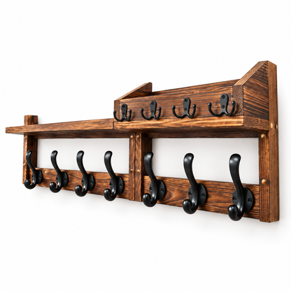 Set 2 Cuiere Suspendate Elindor®, Raft pe 2 Niveluri, cu 11 Carlige Duble, Mobila Hol, Birou, Etajera Practica cu Design Aerisit, Usor de Asamblat, Perfecta pentru Organizare, Polita Produse Diverse, 67 x 11 x 23 cm, Maro Rustic