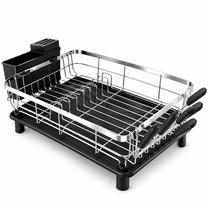 Scurgator de Vase Elindor®, Suport Farfurii Chiuveta, Uscator Vesela, Tacamuri, Capace, Oale, Tigai, Pahare, Tocator, Tava din Plastic cu Scurgere Automata, Organizator Bucatarie Multifunctional, Otel, 43 x 33 x 17 cm, Negru / Argintiu