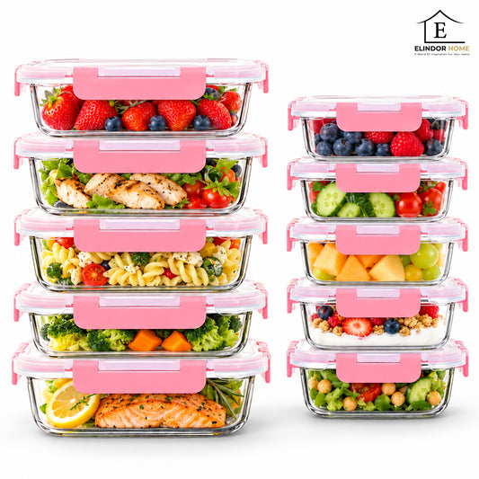 Set de 10 Caserole Elindor® din Sticla Borosilicata, Recipiente Ingrediente pentru Bucatarie, pentru Alimente Uscate, Recipient pentru Depozitare Zahar, Cafea, Paste, Cereale, Capac Etans, Roz