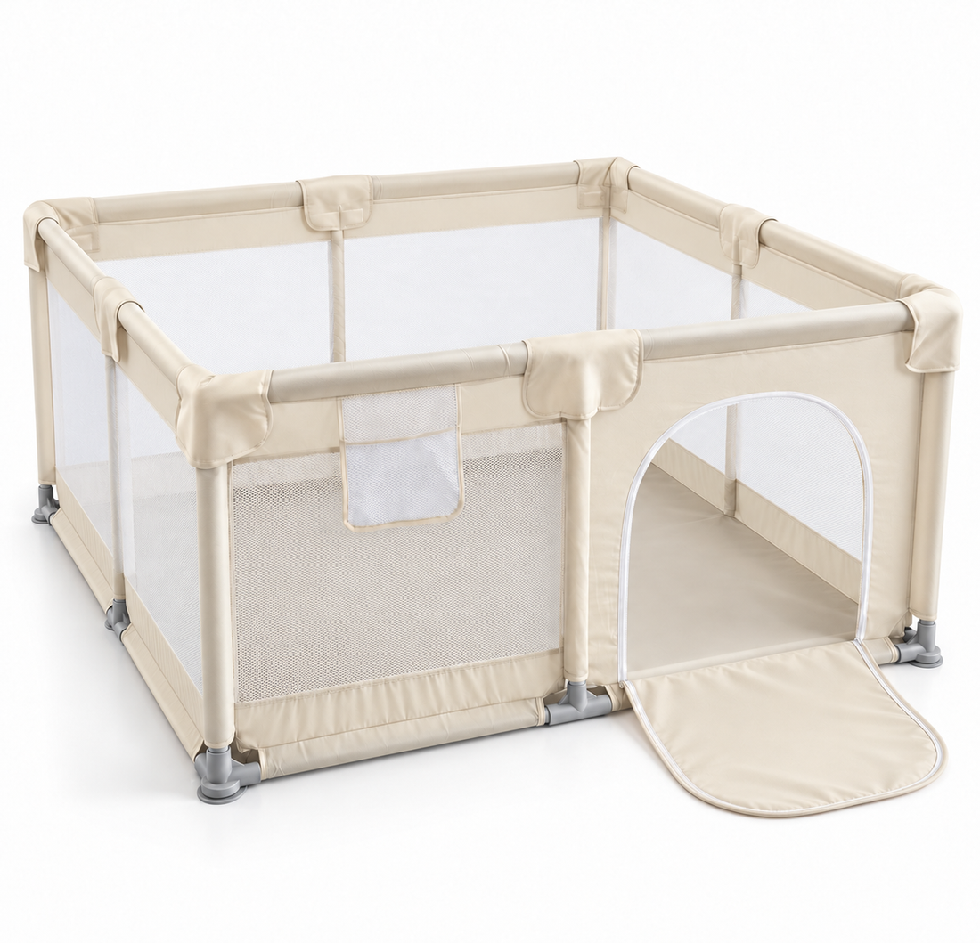 Tarc de Joaca pentru Bebelusi si Copii Elindor®, Plasa Respirabila de Protectie, Material Textil Oxford, Structura cu Tuburi din Plastic, Spatiu Generos de Joaca, 127 x 127 x 65 cm, Bej
