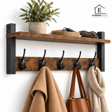 Raft Suspendat Elindor®, Cuier pe 2 Niveluri, cu 5 Carlige Duble, Mobila Hol, Birou, Etajera Practica cu Design Aerisit, Usor de Asamblat, Perfecta pentru Organizare, Polita Produse Diverse, 61 x 11.5 x 18.5 cm, Maro Rustic-Negru